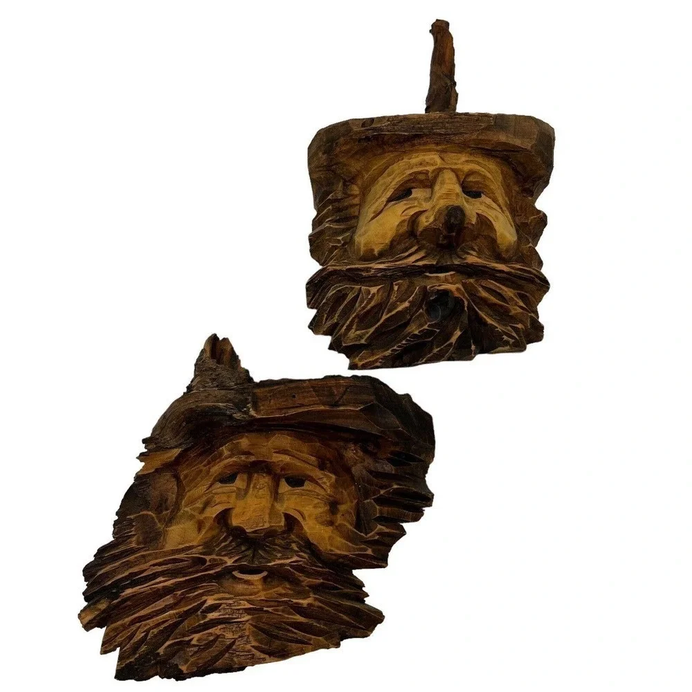 Vintage Artisan Real Wood Hand Carved Old Man Wall Hangings Set of 2 Bearded